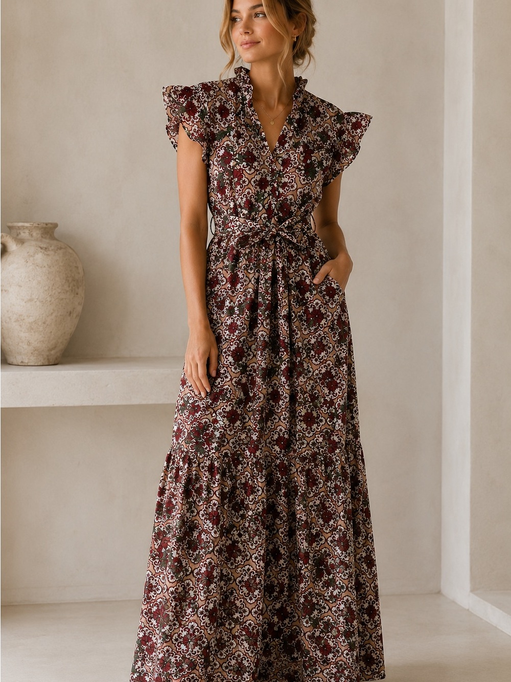 Lea The Label Resortwear Floral Ruffle Sleeve Maxi Dress - Burgundy 100% Cotton